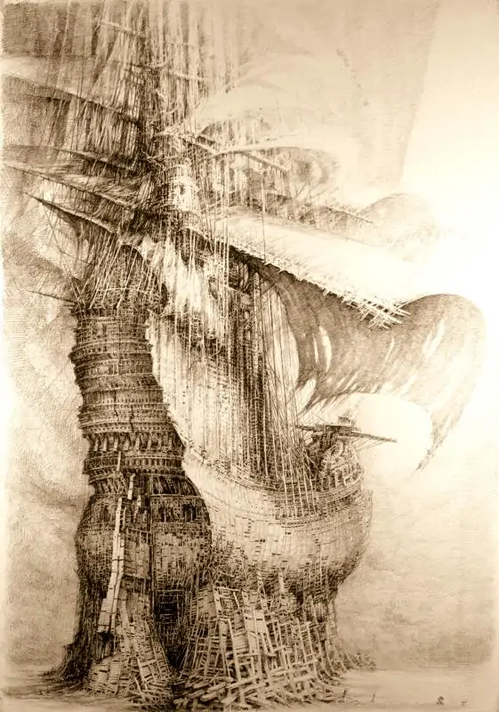 zaglowiec cykl babel rysunek sepia piorko papier 100x70cm